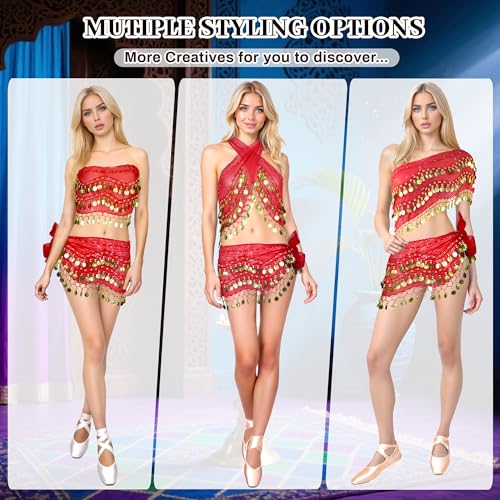 Baisdan Belly Dance Hip Scarf 2 Piece, Belly Dance Skirt and Top Set, Dancing Coin Skirts for Women, Halloween Costume, 2Pack, Red - Image 2