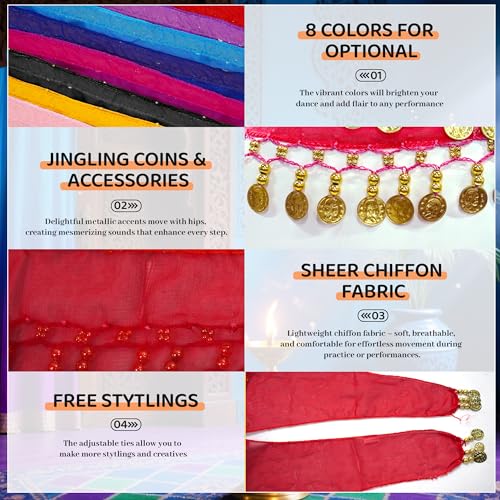 Baisdan Belly Dance Hip Scarf 2 Piece, Belly Dance Skirt and Top Set, Dancing Coin Skirts for Women, Halloween Costume, 2Pack, Red - Image 3