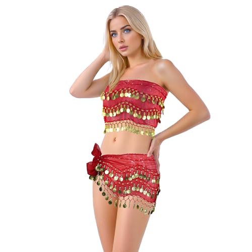 Baisdan Belly Dance Hip Scarf 2 Piece, Belly Dance Skirt and Top Set, Dancing Coin Skirts for Women, Halloween Costume, 2Pack, Red - Image 1