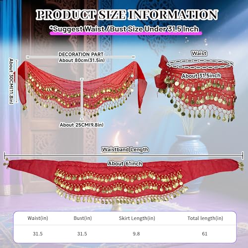 Baisdan Belly Dance Hip Scarf 2 Piece, Belly Dance Skirt and Top Set, Dancing Coin Skirts for Women, Halloween Costume, 2Pack, Red - Image 4