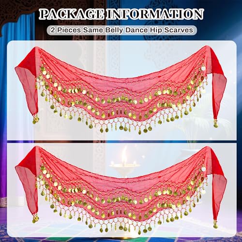 Baisdan Belly Dance Hip Scarf 2 Piece, Belly Dance Skirt and Top Set, Dancing Coin Skirts for Women, Halloween Costume, 2Pack, Red - Image 5