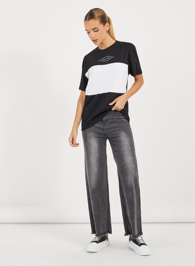 Styli Color Block Print Round Neck Oversized T-Shirt  - Image 2