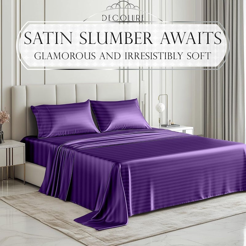 DECOLURE Striped Satin Sheets Full Set 4pc - Luxurious Silk Touch Satin Sheets Full - All-Season Silky Soft Full Size Bed Sheets - Purple Satin Sheets Set w/Deep Pocket Full & Pillowcase (Purple) - Image 2