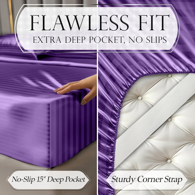DECOLURE Striped Satin Sheets Full Set 4pc - Luxurious Silk Touch Satin Sheets Full - All-Season Silky Soft Full Size Bed Sheets - Purple Satin Sheets Set w/Deep Pocket Full & Pillowcase (Purple) - Image 5