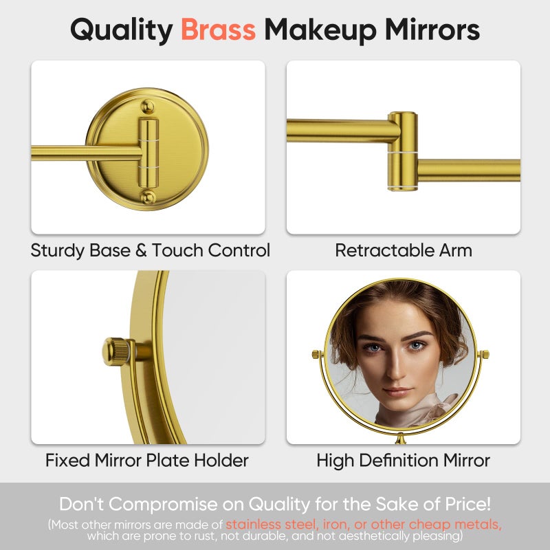Gurun 8"" Wall Mounted Makeup Mirror With 10X Magnification Two-Sided Swivel Bathroom Mirror Antique Satin Brass Finish M1306K(8In 10X) - Image 3