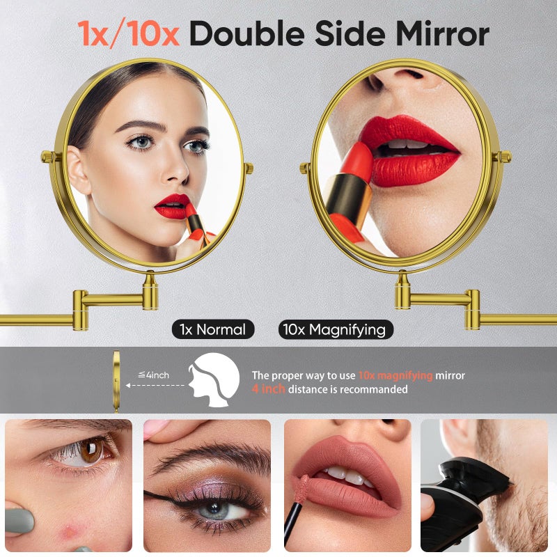 Gurun 8"" Wall Mounted Makeup Mirror With 10X Magnification Two-Sided Swivel Bathroom Mirror Antique Satin Brass Finish M1306K(8In 10X) - Image 2