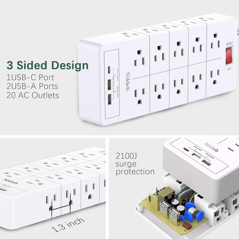 Nikleb Power Strip Surge Protector 23 in 1, 6ft Extension Cord with 3 USB Ports Smart 3.1A, Multiple Outlet Adapter 20 Outlets, Outlet Extender Cord Organizer for Office, College, Apartment, Gaming Stuff - Image 2