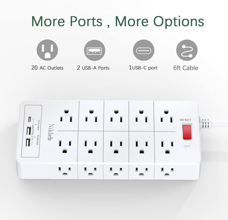 Nikleb Power Strip Surge Protector 23 in 1, 6ft Extension Cord with 3 USB Ports Smart 3.1A, Multiple Outlet Adapter 20 Outlets, Outlet Extender Cord Organizer for Office, College, Apartment, Gaming Stuff - Image 4