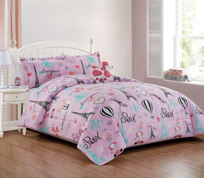 Sapphire Home Sapphire Home 8 Piece Poodle Full Bedding Set for Girls Bed in a Bag Kids Comforter Set with Bed Sheets Pillow Case Toddler Bedroom Kit Paris Poodle Pillow Toy Room Decor Full Size 
