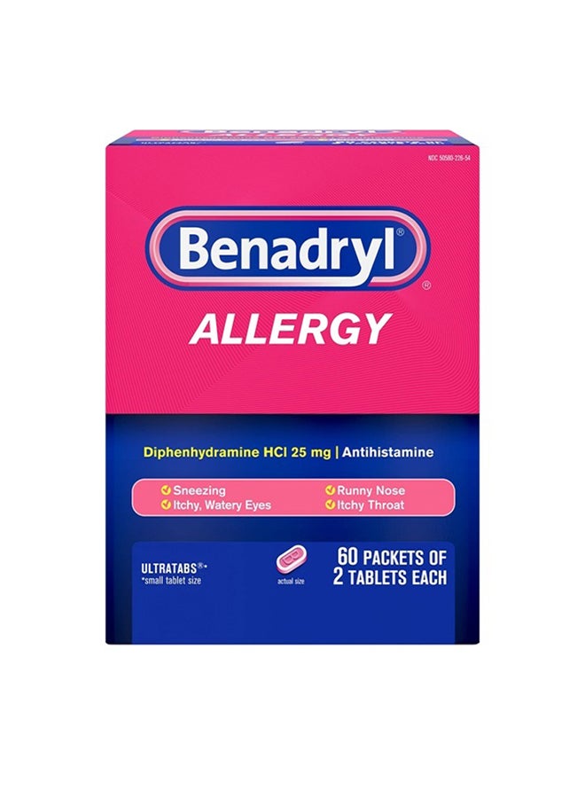 Benadryl Ultratabs Go Packs Antihistamine Allergy Medicine Tablets With Diphenhydramine Hcl 60 Packets Of 2 Tablets - Image 1