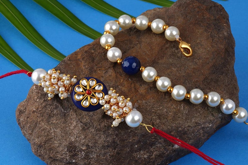 JFL Unisex Adult - Jewellery For Less Handcrafted Combo Of Blue Kundan Stone Rakhi N Blue Onyx Pearl Bracelet Rakhi Set Couple Pair Set With Roli Chawal (Raksha Bandhan) - Image 4