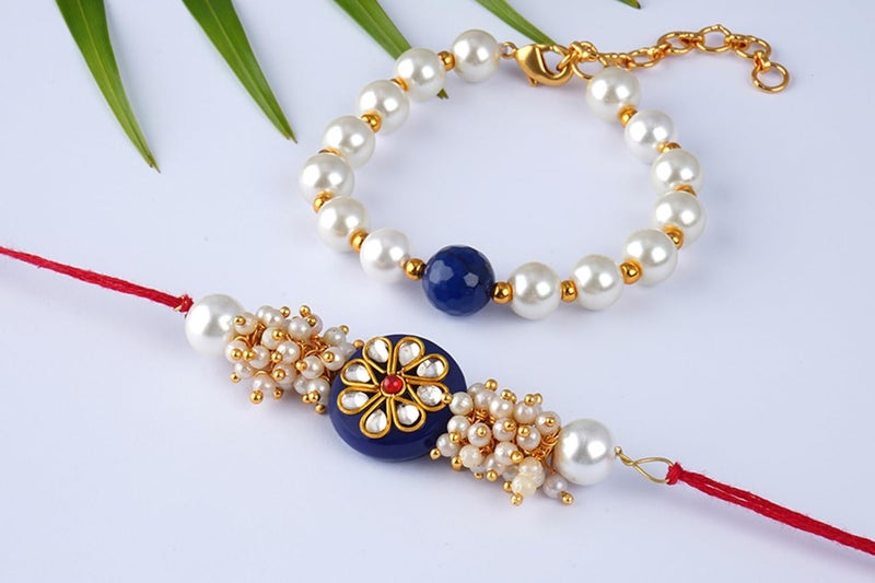 JFL Unisex Adult - Jewellery For Less Handcrafted Combo Of Blue Kundan Stone Rakhi N Blue Onyx Pearl Bracelet Rakhi Set Couple Pair Set With Roli Chawal (Raksha Bandhan) - Image 5