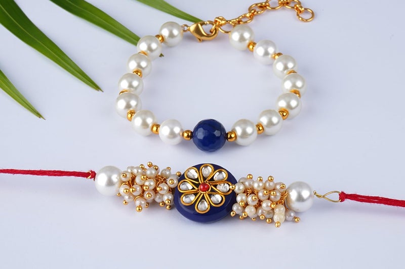 JFL Unisex Adult - Jewellery For Less Handcrafted Combo Of Blue Kundan Stone Rakhi N Blue Onyx Pearl Bracelet Rakhi Set Couple Pair Set With Roli Chawal (Raksha Bandhan) - Image 2