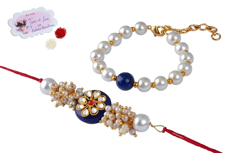 JFL Unisex Adult - Jewellery For Less Handcrafted Combo Of Blue Kundan Stone Rakhi N Blue Onyx Pearl Bracelet Rakhi Set Couple Pair Set With Roli Chawal (Raksha Bandhan) - Image 1