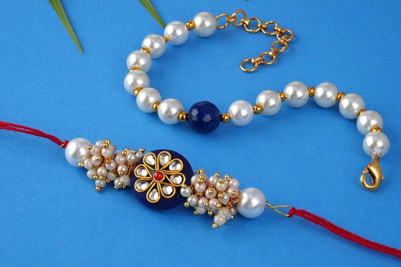 JFL Unisex Adult - Jewellery For Less Handcrafted Combo Of Blue Kundan Stone Rakhi N Blue Onyx Pearl Bracelet Rakhi Set Couple Pair Set With Roli Chawal (Raksha Bandhan) - Image 3