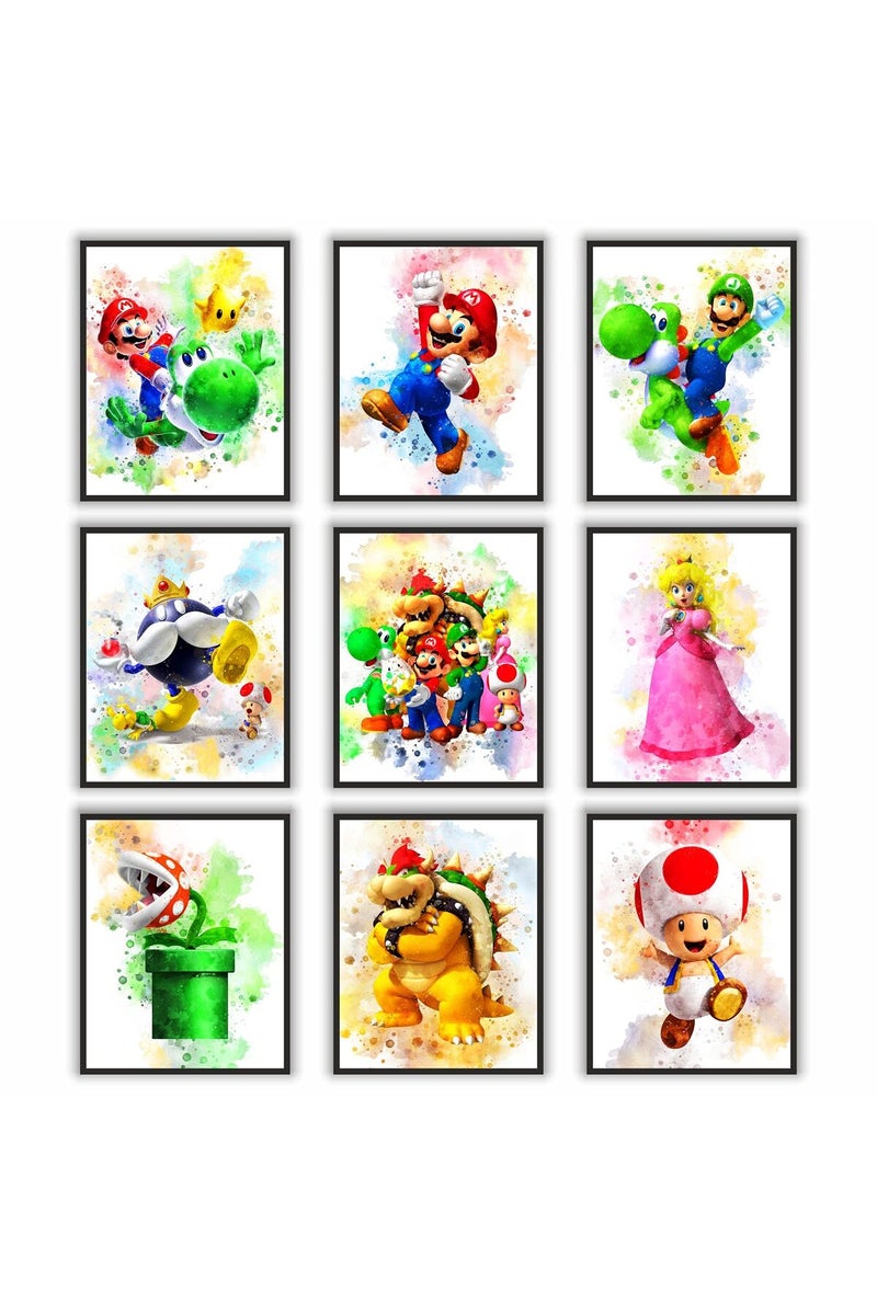 PoyBux Design Super Mario Game Watercolor Poster Prints, Super Mario Wall Decor For Kids, UNFRAMED Set of 9 (8x10 inches), Mario Room Decor, Mario Poster For Boys Room, Mario Game Poster Prints - Image 1