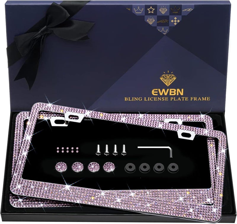 EWBN Bling Rhinestone License Plate Frame for Women 2PC，Diamond Sparkly License Plate Frames| Stainless Steel Frames & Over 1200 pcs Finest 14 Facets Glass Crystals Premium Diamond+GiftBox(Pink) - Image 1