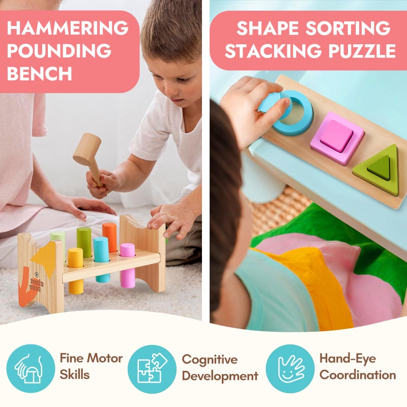 Giant bean 8-in-1 Wooden Montessori Toys Set Learning Toys for Baby 12-18 Month with Object Permanence Box, Senser Ball Roll Tower, Hammer, Fishing Carrot, Shape Sorting Stacking Cup for Kids 1+ - Image 4