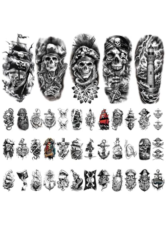 atydkug 77 Sheets Pirate Skull Temporary Tattoo for Women Men 17 Sheets Half Arm Large Flower Skeleton Octopus Fake Tattoos 60 Sheets Anchor Clock Black Tiny for Adult Kids Body Tattoos Stickers Realistic - Image 3