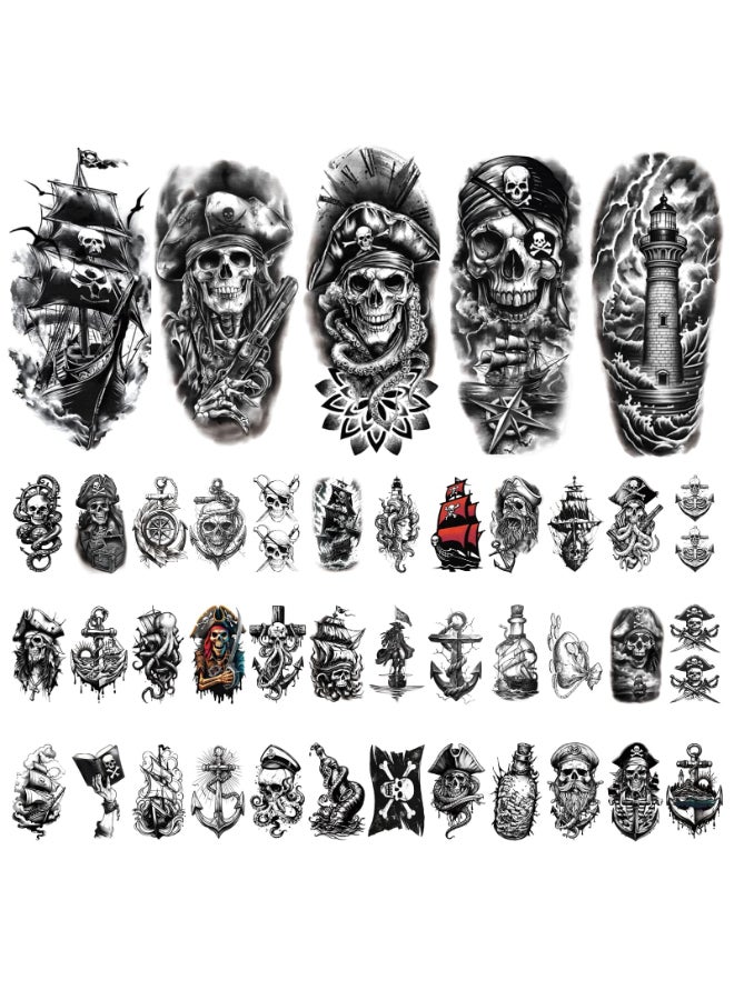 atydkug 77 Sheets Pirate Skull Temporary Tattoo for Women Men 17 Sheets Half Arm Large Flower Skeleton Octopus Fake Tattoos 60 Sheets Anchor Clock Black Tiny for Adult Kids Body Tattoos Stickers Realistic - Image 4