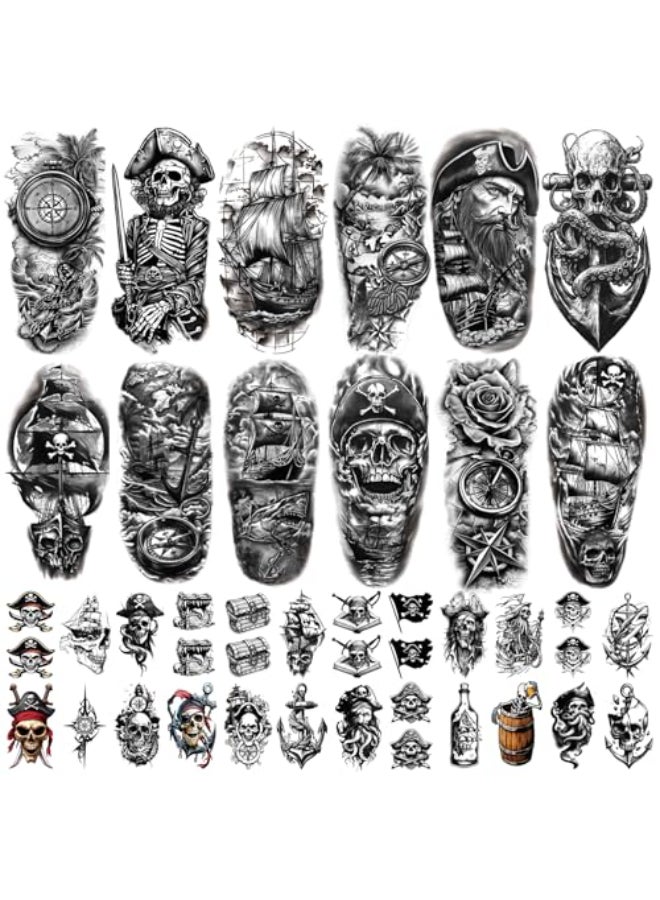 atydkug 77 Sheets Pirate Skull Temporary Tattoo for Women Men 17 Sheets Half Arm Large Flower Skeleton Octopus Fake Tattoos 60 Sheets Anchor Clock Black Tiny for Adult Kids Body Tattoos Stickers Realistic - Image 1