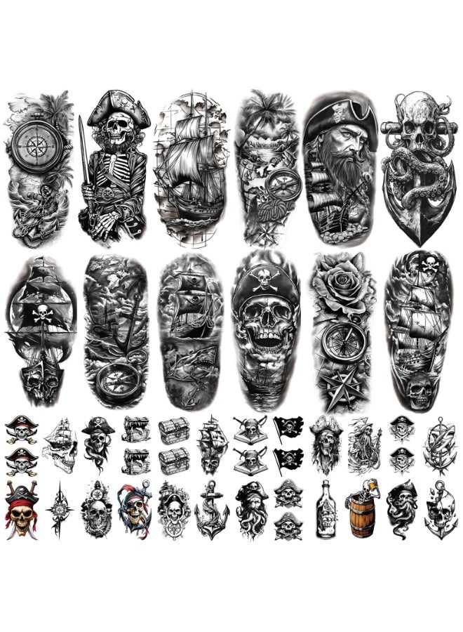 atydkug 77 Sheets Pirate Skull Temporary Tattoo for Women Men 17 Sheets Half Arm Large Flower Skeleton Octopus Fake Tattoos 60 Sheets Anchor Clock Black Tiny for Adult Kids Body Tattoos Stickers Realistic - Image 2
