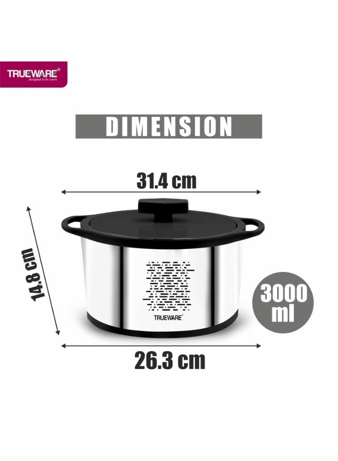 Trueware Stellar Stainless Steel Casserole, 3000 ml | PU Insulated | BPA Free | Odour Proof | Food Grade | Easy to Carry | Easy to Store | Ideal for Chapatti | Roti | Curd Maker | Thermoware | Hot Pot (Silver& black) - Image 2