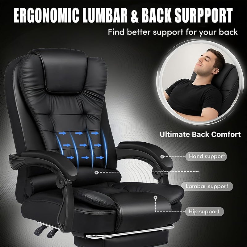 Bentifar Ergonomic Office Chair with Footrest, High Back PU Leather Desk Chair with Lumbar Support, Reclining Executive Computer Chair with Adjustable Height and Swivel Wheels, Black - Image 4