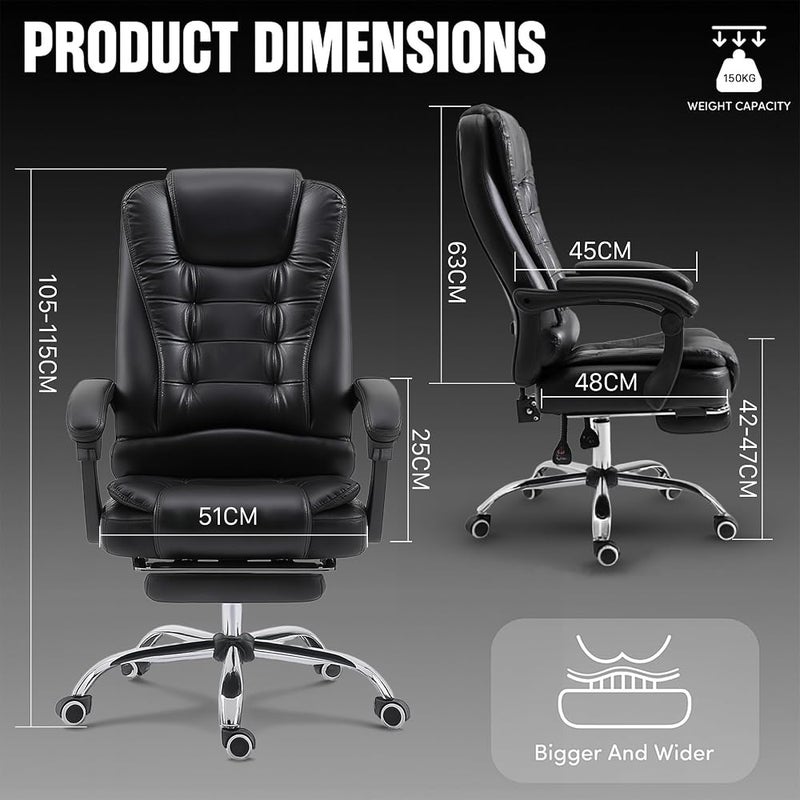 Bentifar Ergonomic Office Chair with Footrest, High Back PU Leather Desk Chair with Lumbar Support, Reclining Executive Computer Chair with Adjustable Height and Swivel Wheels, Black - Image 3