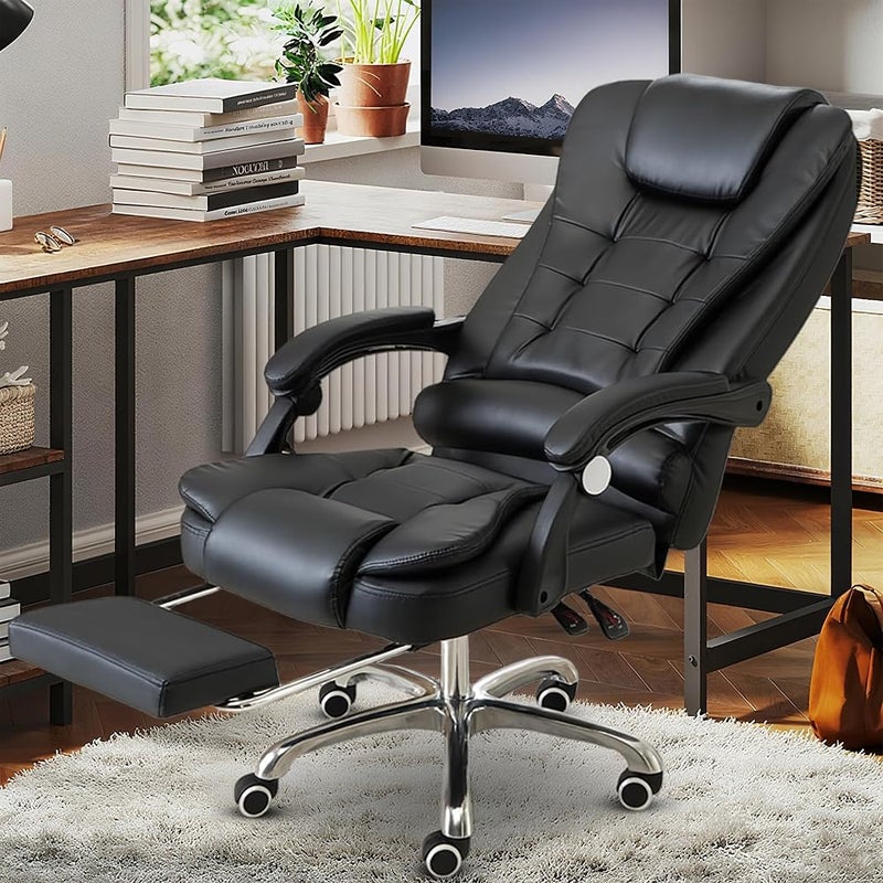 Bentifar Ergonomic Office Chair with Footrest, High Back PU Leather Desk Chair with Lumbar Support, Reclining Executive Computer Chair with Adjustable Height and Swivel Wheels, Black - Image 2