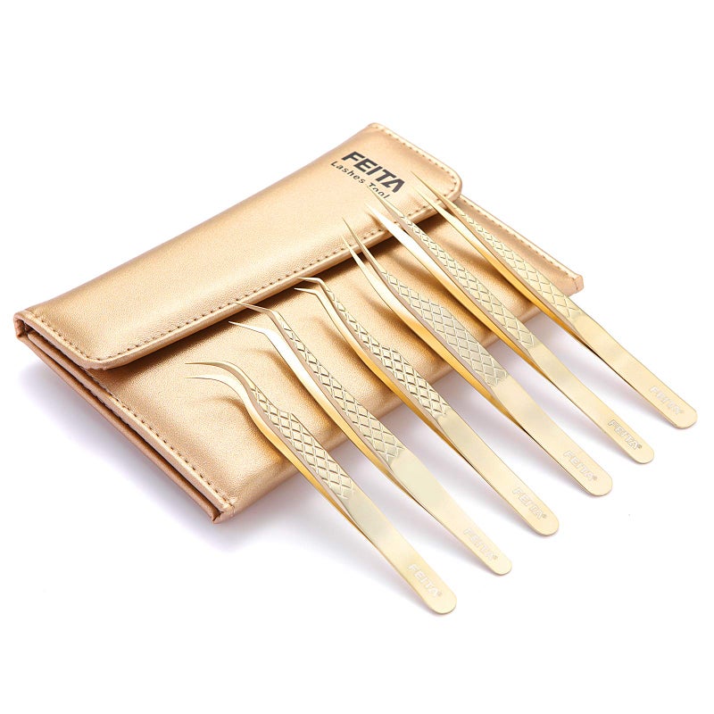 FEITA Eyelash Extension Tweezer Set Gold Lash Applicator Tool Precision Lashes Diamond Grip Tweezers for 2D6D Volume Individual Eyelashes Extensions Supplies 6Pcs
