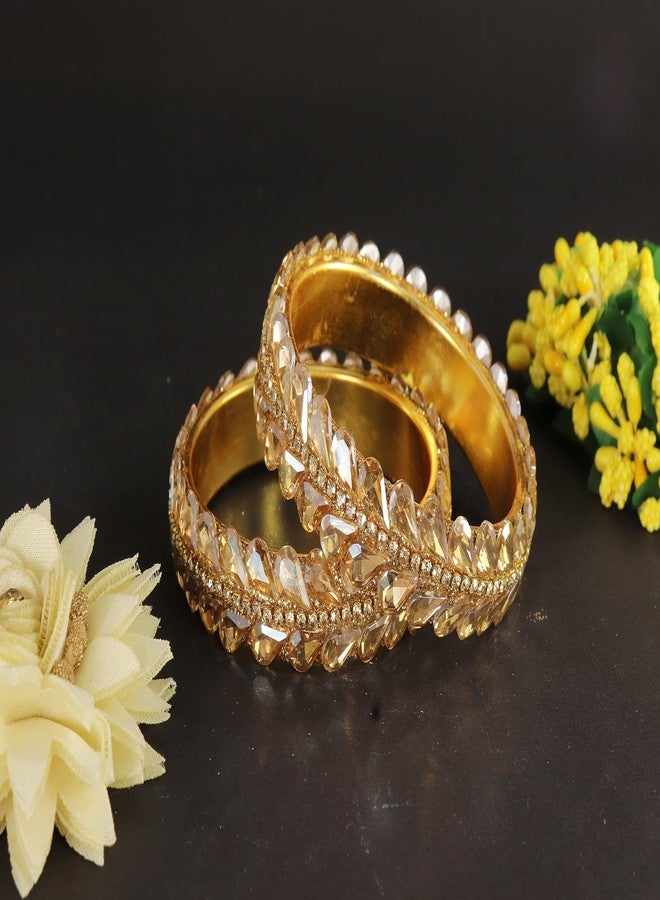 LAVAZZA Stylish Brass Metal Bangles Set For Women & Girls with Zircon Diamonds & Kundan | Trendy Bangles | Party Wedding Daily Bangles | Royal Rajwadi Polki Bangles Kangan-(RDB5-Gold-2.6) - Image 4