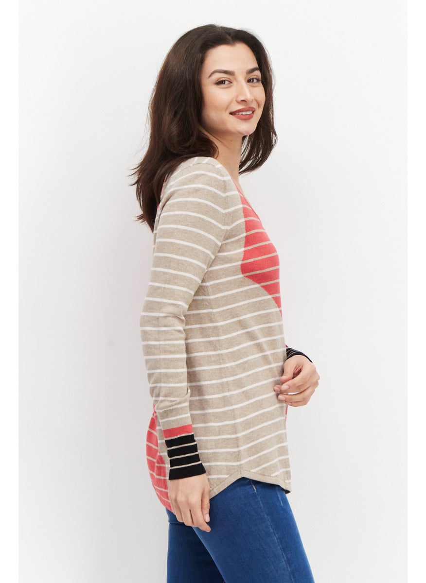 Women V Neck Long Sleeve Stripe Top, Beige - pzsku/Z53D4157D7529319FD814Z/45/_/1724350930/3eaeec3e-3fd6-4e06-a4ab-51027cb0050d