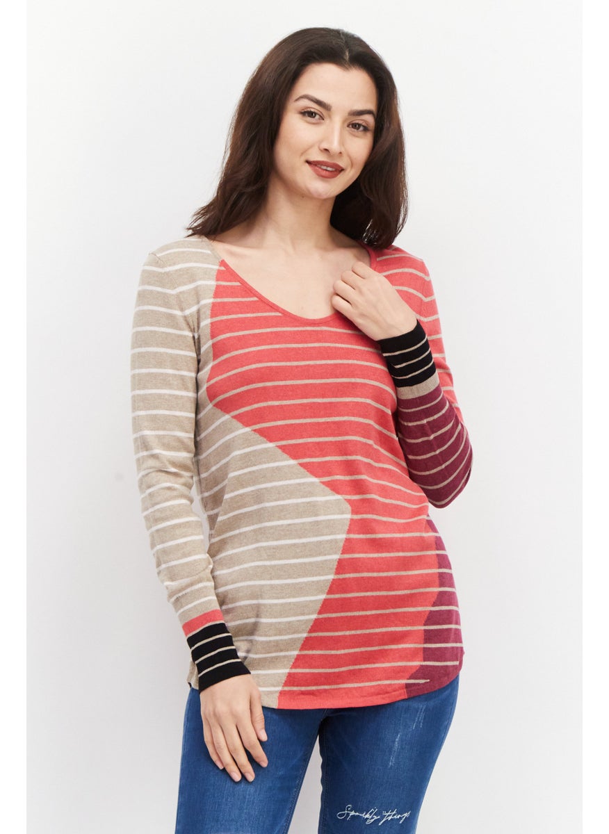 Women V Neck Long Sleeve Stripe Top, Beige - pzsku/Z53D4157D7529319FD814Z/45/_/1724350931/cc469b55-f621-4f24-90d2-678a0b3f3ef0