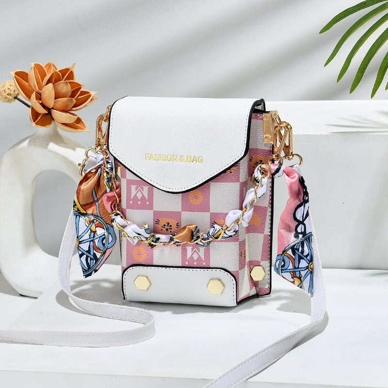 Plaid Printed Silk Scarf Mobile Phone Bag Chain Shoulder Popular Crossbody Bag Vertical Small Square Bag High-End Mini Mobile Phone Bag - Image 1