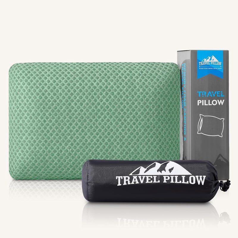 PEUJEW Memory Foam Pillows, Camping Pillow Travel Pillow - Compressible Medium Firm, Breathable Cover, Ideal Backpacking Hiking, Bed Pillows, Airplane and Car (Green, M) - Image 1