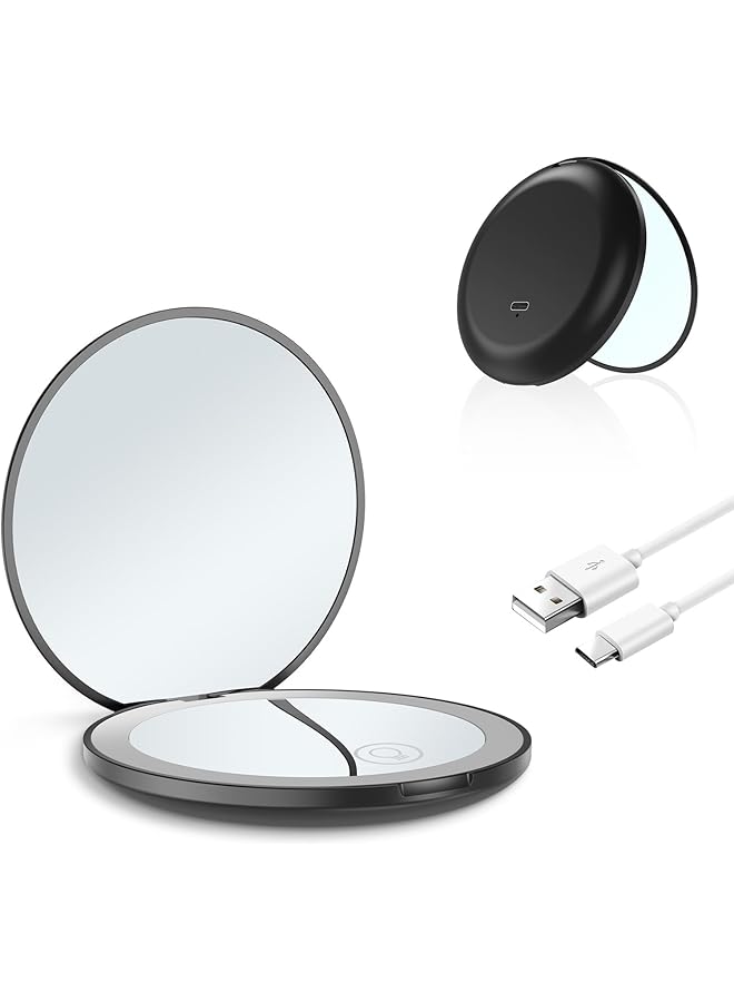 erorex Led Lighted Travel Makeup Mirror 1X 2X Magnification With Light Usb Rechargeable Double Sided Touch Screen Adjusts For Handbags Purses Pockets Gifts For Girls Portable Black Round - Image 1