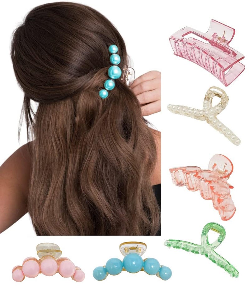 HOMEMATES 6 Pcs Korean Large Pearl Transparent Resin Shell Hair Claw Multicolor Hair Clips Thick Long Hair Jaw Clips Clutches Barrettes Hair Accessories For Women And Girls - Image 1