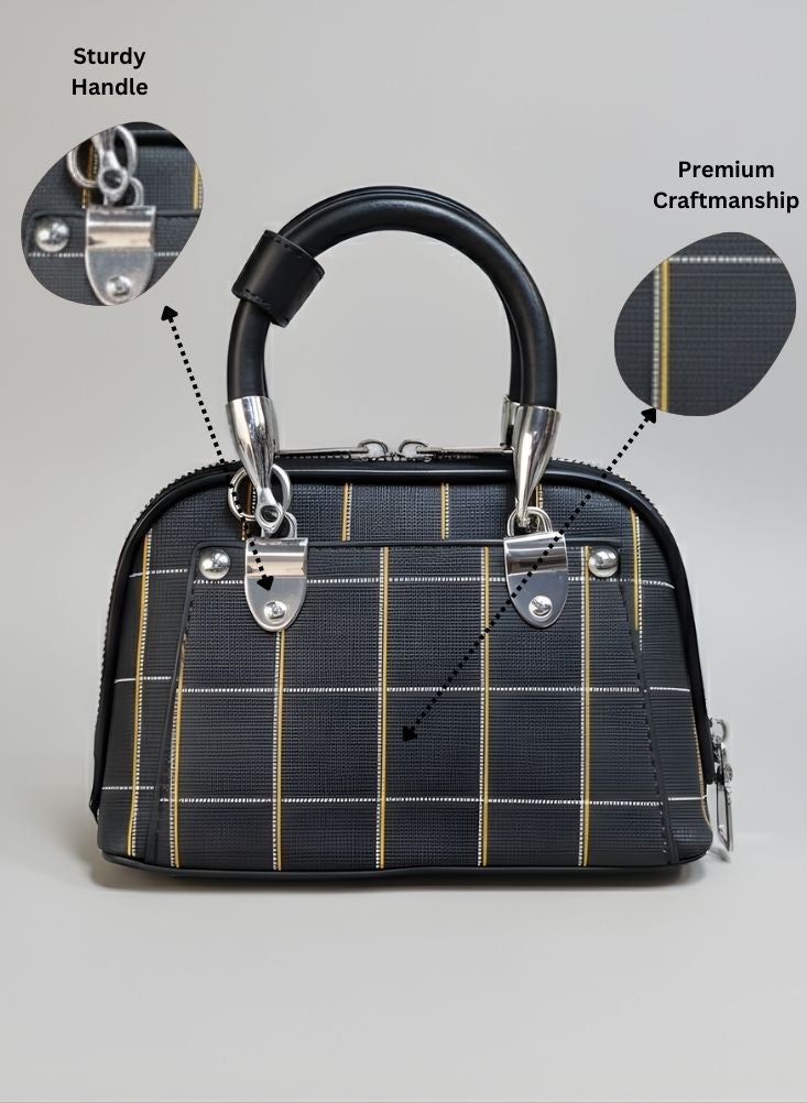 بريميم حقيبة يد بنمط خطوط سوداء وذهبية - حقيبة نسائية عصرية ذات تصميم منظم ومقبض معزز - Image 2