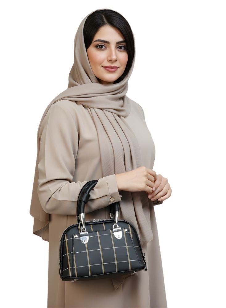 بريميم حقيبة يد بنمط خطوط سوداء وذهبية - حقيبة نسائية عصرية ذات تصميم منظم ومقبض معزز - Image 3