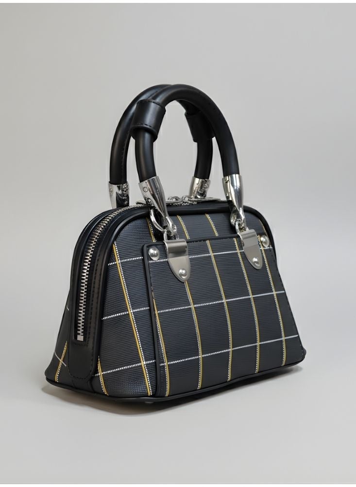 بريميم حقيبة يد بنمط خطوط سوداء وذهبية - حقيبة نسائية عصرية ذات تصميم منظم ومقبض معزز - Image 1