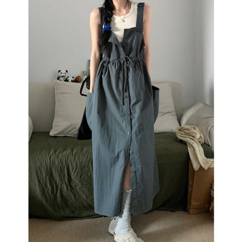 Korean Vintage Slimming Jumpsuit  Vest Set Tooling strap skirt [single piece]]