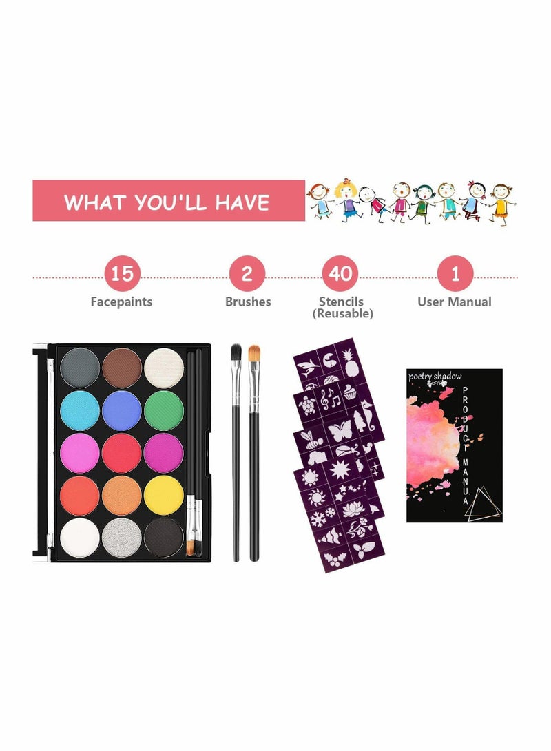 15 Colors Kids Face Paint Kit - Non-toxic Washable Palette with Brush for Art Show, Party Makeup - Professional Colsplay Festive Face Painting Set - Image 5
