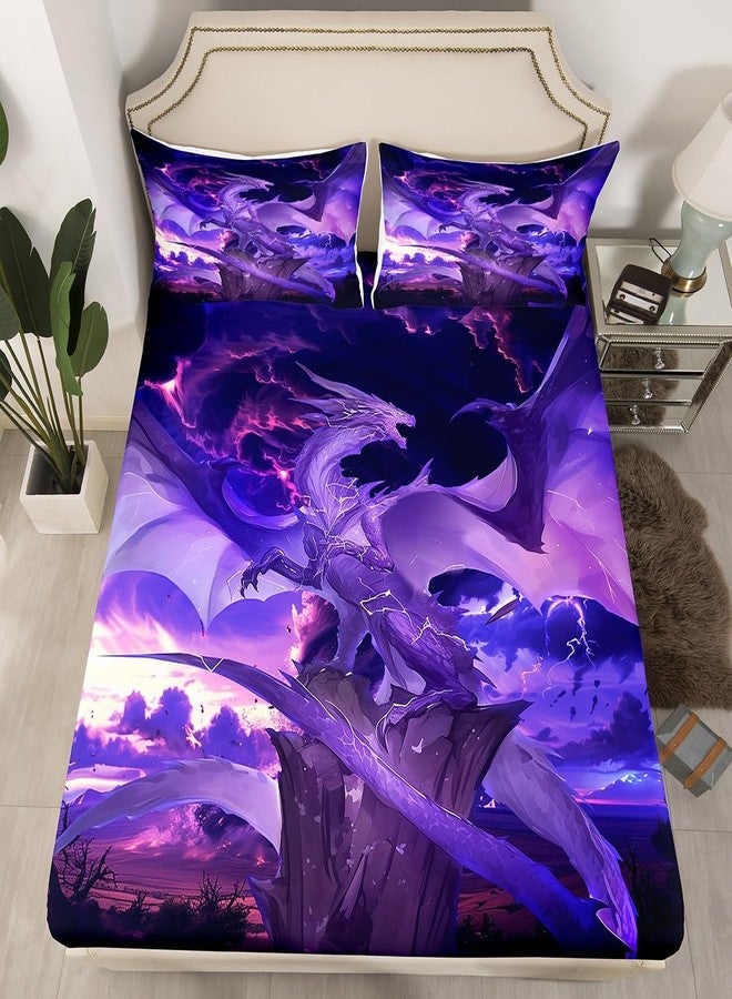 Man Fei Manfei Purple Dragon Fitted Sheet Set Full Size 4 Pcs,Gothic Flying Animal Wings Ancient Theme Teens Sheets,Mystic Lightning Sky Psychedelic Bedding Sets (1 Fitted,1 Flat,2 Pillowcases) - Image 2