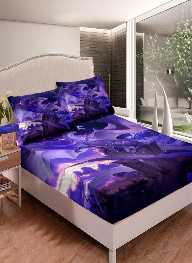 Man Fei Manfei Purple Dragon Fitted Sheet Set Full Size 4 Pcs,Gothic Flying Animal Wings Ancient Theme Teens Sheets,Mystic Lightning Sky Psychedelic Bedding Sets (1 Fitted,1 Flat,2 Pillowcases) - Image 4