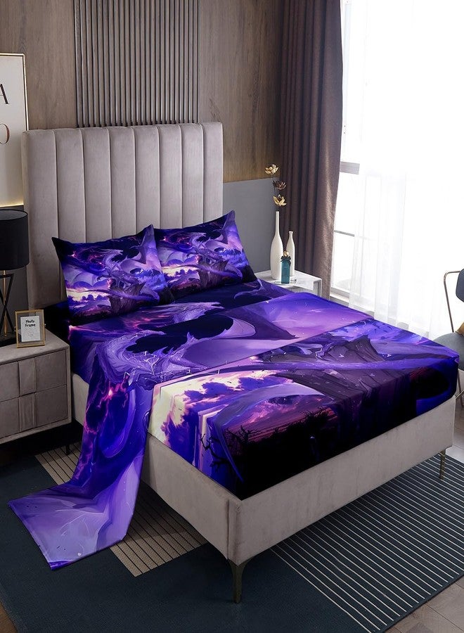 Man Fei Manfei Purple Dragon Fitted Sheet Set Full Size 4 Pcs,Gothic Flying Animal Wings Ancient Theme Teens Sheets,Mystic Lightning Sky Psychedelic Bedding Sets (1 Fitted,1 Flat,2 Pillowcases) - Image 1