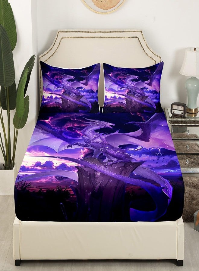 Man Fei Manfei Purple Dragon Fitted Sheet Set Full Size 4 Pcs,Gothic Flying Animal Wings Ancient Theme Teens Sheets,Mystic Lightning Sky Psychedelic Bedding Sets (1 Fitted,1 Flat,2 Pillowcases) - Image 3