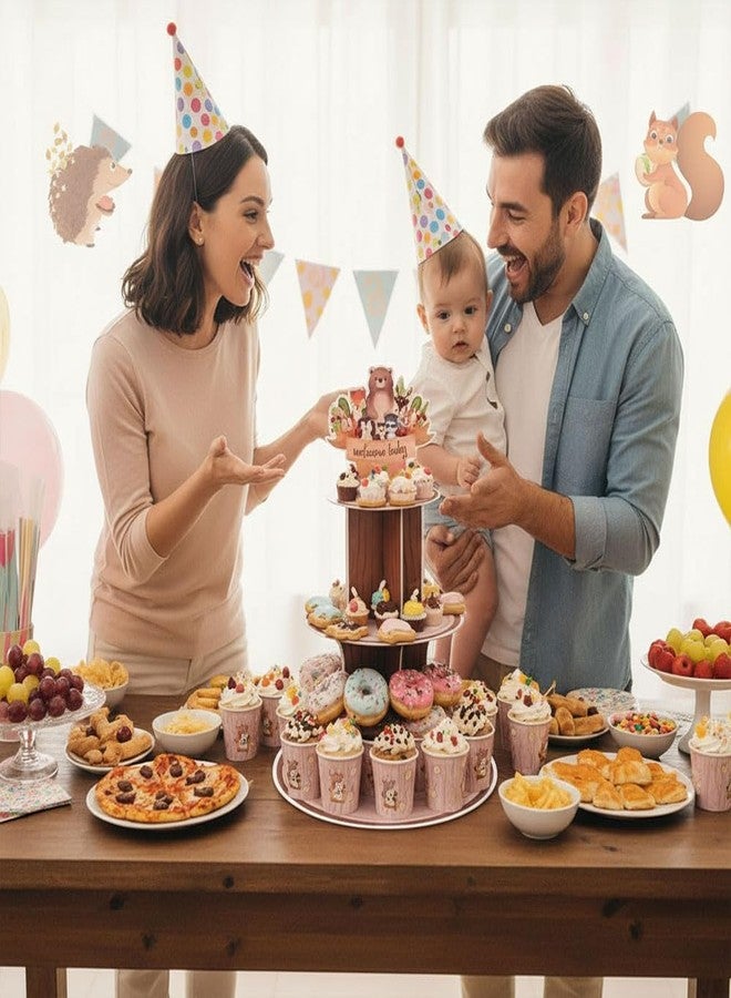 زينة حفل استقبال مولود جديد من هيزنومغز، حامل كب كيك بثلاث طبقات بتصميم غابة، حامل كب كيك خشبي بتصميم حيوانات الغابة، برج حلويات خشبي لحفلات استقبال المواليد الجدد من الجنسين، لوازم حفلات أعياد الميلاد - Image 5