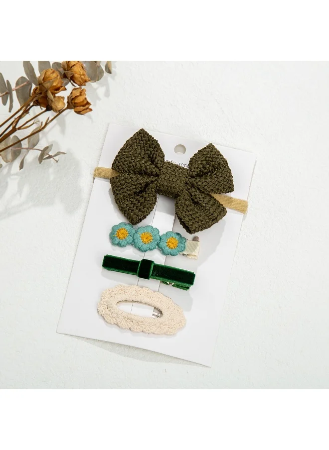 دىدانيالا Eira Ribbon Bow Clip Set with Ponytail For Babies and Girls - Olive Green