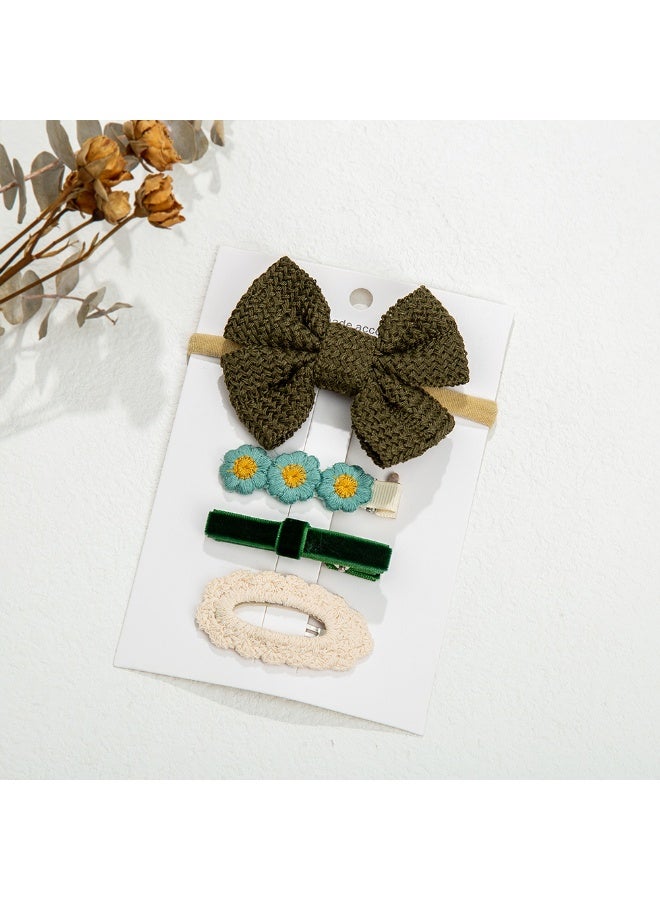 دىدانيالا طقم مشابك شعر فيونكة بشريط مع توكة شعر للبنات والأطفال - زيتوني - Image 1